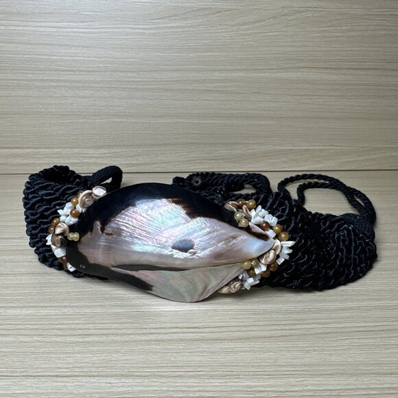 Boho Accessories - Vintage Statement Shell Braided Belt Womens Waist 80s 90s Boho Black Beaded
